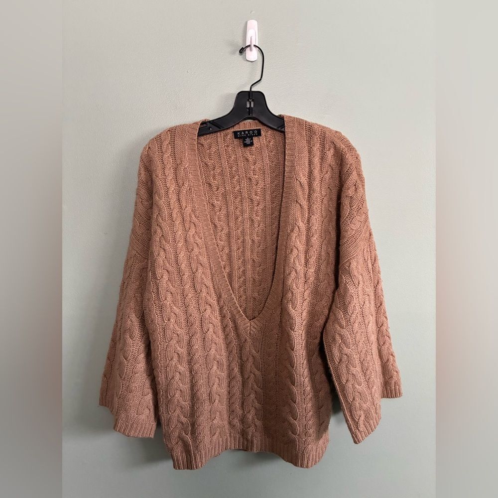 Karoo Mark Eisen Deep Plunge V-Neck Cable Knit Sweater BRWN Lambs Wool Blend